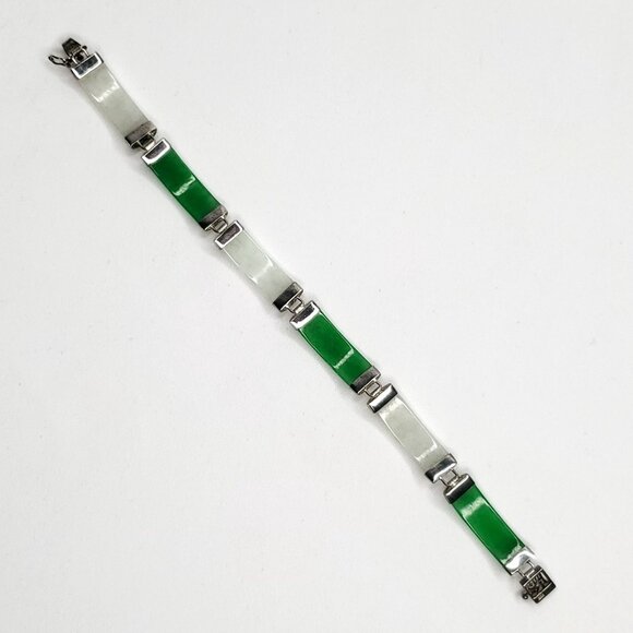 Jade Bar Link Bracelet Green White Sterling Silver 7 1/8" - Picture 3 of 4